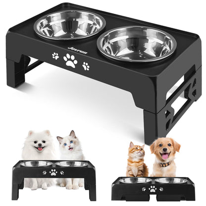 Jovrun Elevated Dog Bowls for Small Dogs and Cats, Non-Slip Cat Bowls with 2 Thick 5.5" Stainless Steel Dishes, Dog Feeder 2 Heights Adjustable to 2.6"-5.3"