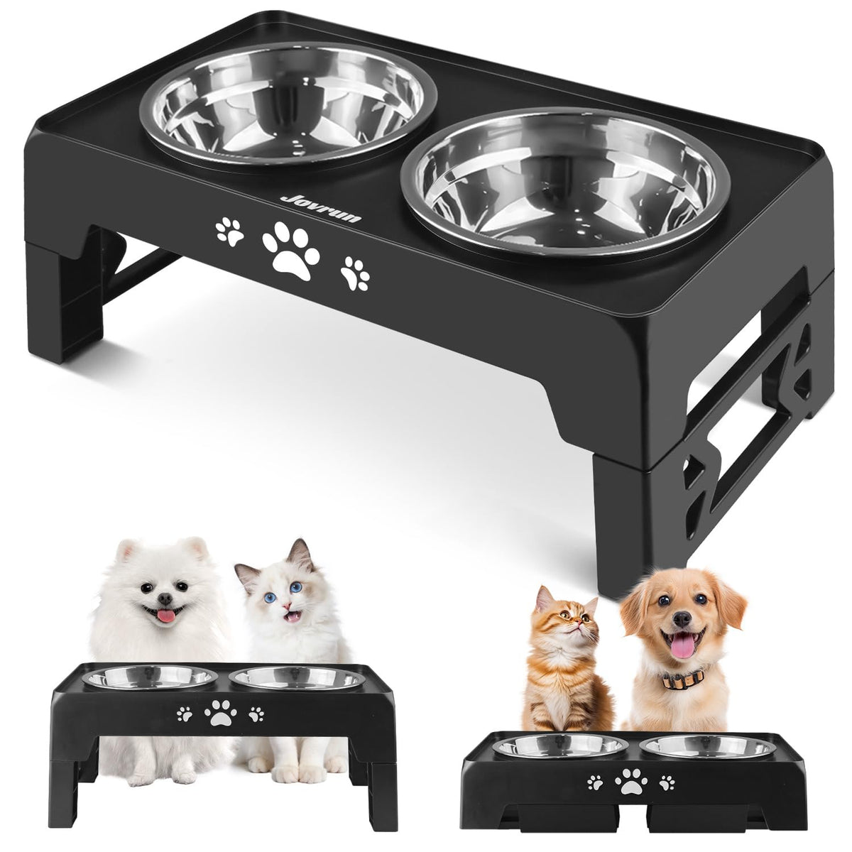Jovrun Elevated Dog Bowls for Medium Large Size Dogs, Non-Slip Dog Feeder with 1*Stainless Steel Dishes & 1*Slow Feeder Bowl, 5 Heights Adjustable Raised Bowls to 3.15″-8.66″-9.84″-11.02″-12.2″