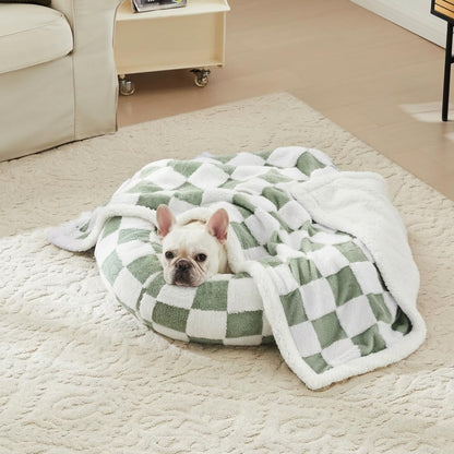 Ohocut Checkered Dog Blanket, Sage Green Jacquard Sherpa Blankets for Small Dog and Cats, Cute Aesthetic Style Fluffy Fleece Pets Blanket for Couch Protection Washable, 25"x35"