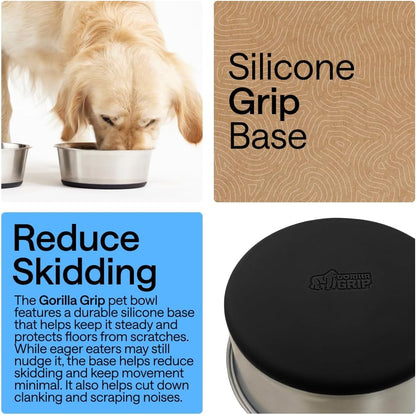 GORILLA GRIP Dog Bowls, Food Grade Stainless Steel, Set of 2, 4 Cup, Black