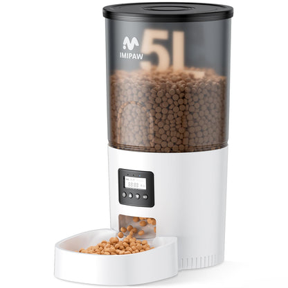 IMIPAW Automatic Cat Feeders, Timed Cat Dry Food Dispenser with Desiccant Bag, Dual Power Supply, Programmable Portion Size, 6 Meals, 20 Portions Per Day, Auto Pet Feeder for Cats and Small Dog, White