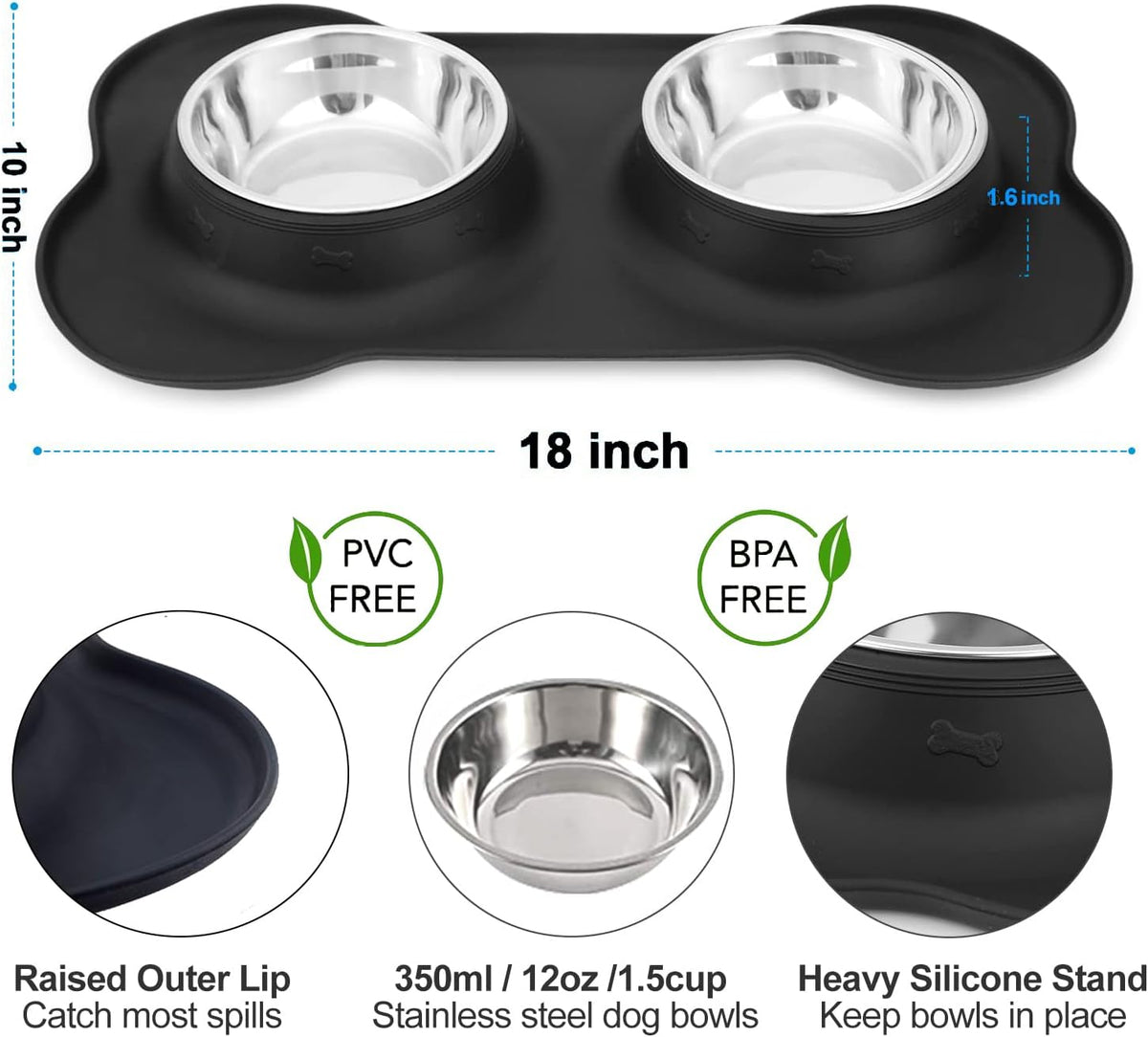 AsFrost Dog Food Bowls Stainless Steel & Water Dish with No-Spill and Non-Skid, Feeder Bowls with Dog Food Dish for Small Medium Large Size,Dogs,Cats,Puppy Pets, Black, 12oz