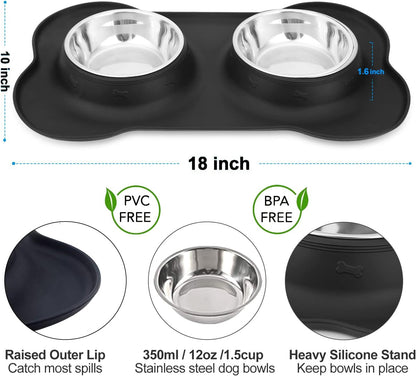 AsFrost Dog Food Bowls Stainless Steel & Water Dish with No-Spill and Non-Skid, Feeder Bowls with Dog Food Dish for Small Medium Large Size,Dogs,Cats,Puppy Pets, Black, 12oz