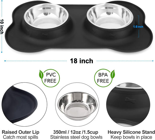 AsFrost Dog Food Bowls Stainless Steel & Water Dish with No-Spill and Non-Skid, Feeder Bowls with Dog Food Dish for Small Medium Large Size,Dogs,Cats,Puppy Pets, Black, 12oz
