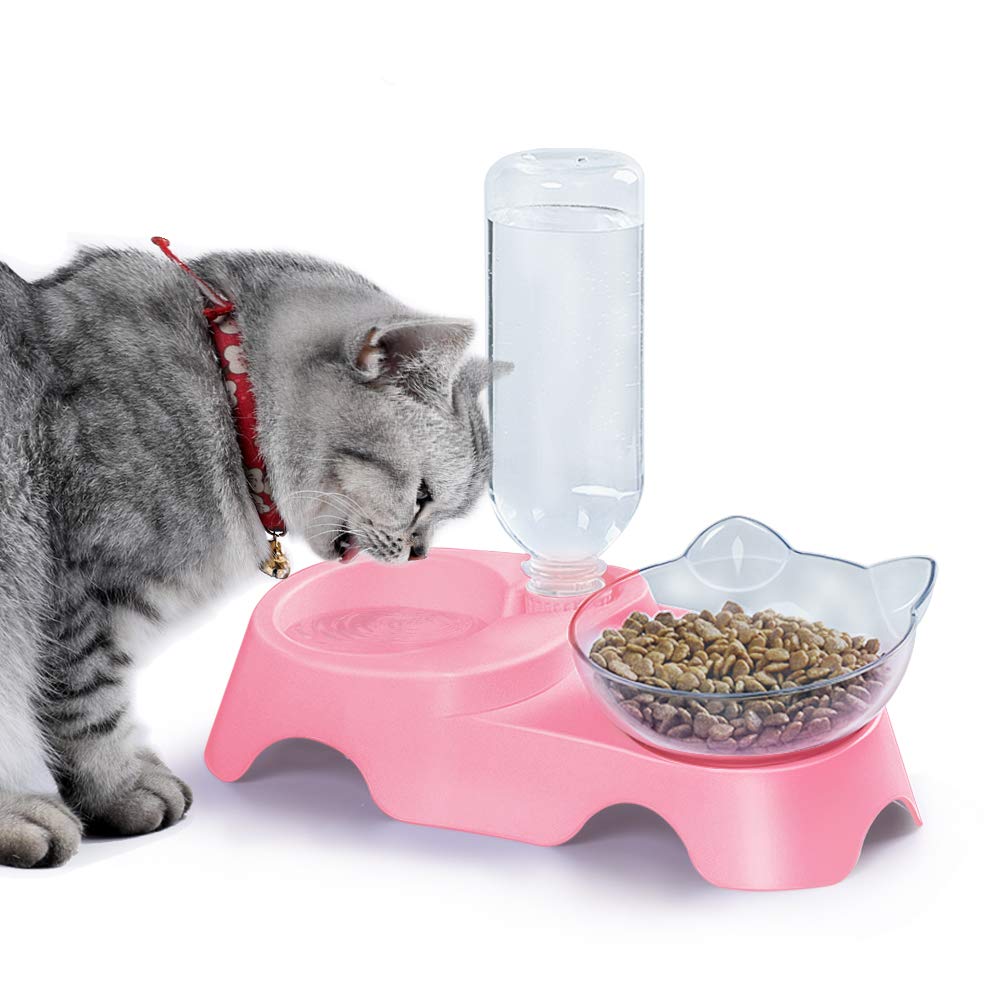 MILIFUN Double Dog Cat Bowls - Pets Water and Food Bowl Set, 15°Tilted Water and Food Bowl Set with Automatic Waterer Bottle for Small or Medium Size Dogs Cats