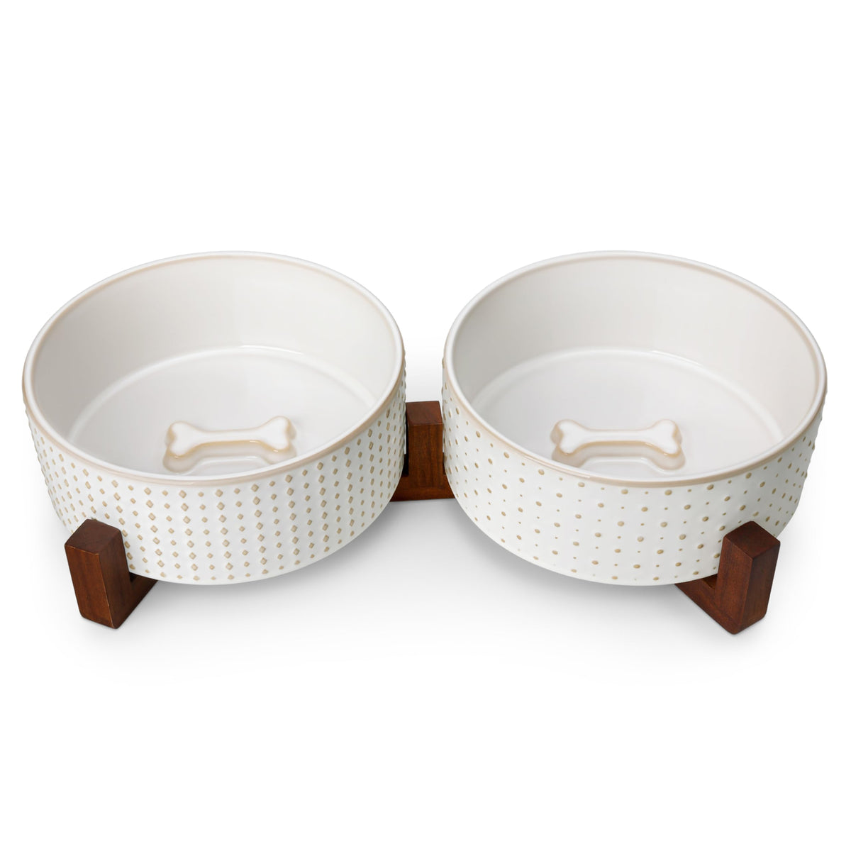 MALACASA Cat and Dog Bowl Set, Ceramic Bowls with Walnut Wood Stand, 2 Cups