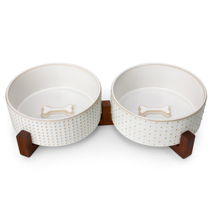 MALACASA Cat and Dog Bowl Set, Ceramic Bowls with Walnut Wood Stand, 2 Cups