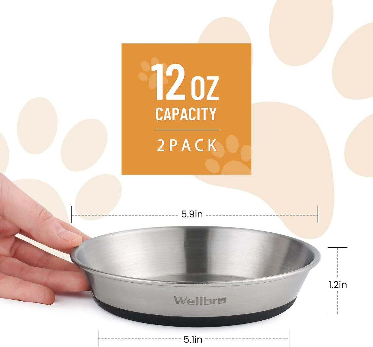 Cat Bowls, 304 Stainless Steel Non-Slip Wide Shallow, 2 Pack