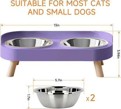 Elevated Cat Bowl, Raised Cat Food and Water Bowl Set for Indoor Cats, Splash Proof with 2 Stainless Steel Pet Food Bowls for Cats and Puppies, Whisker Fatigue and Dishwasher Safe - Purple