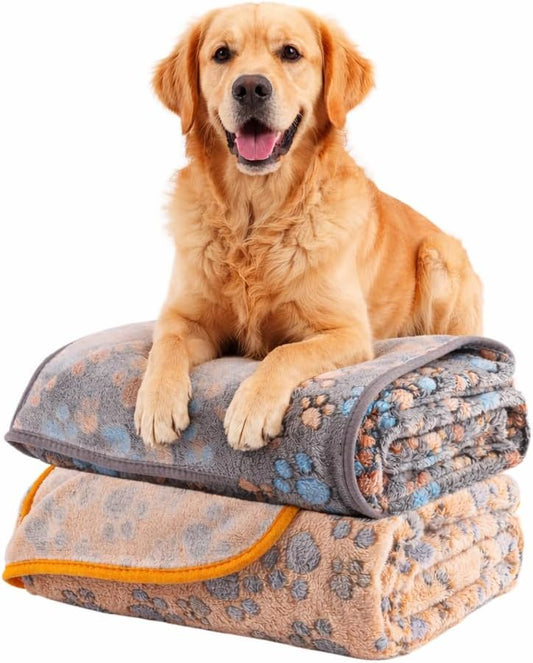 Dog Blanket 2 Pack Soft Flannel Pet Blanket for Dogs & Cats, Cozy Puppy Blanket for Couch Bed Crate, Washable Paw Print Throw 40 * 30 Inch Grey&Brown