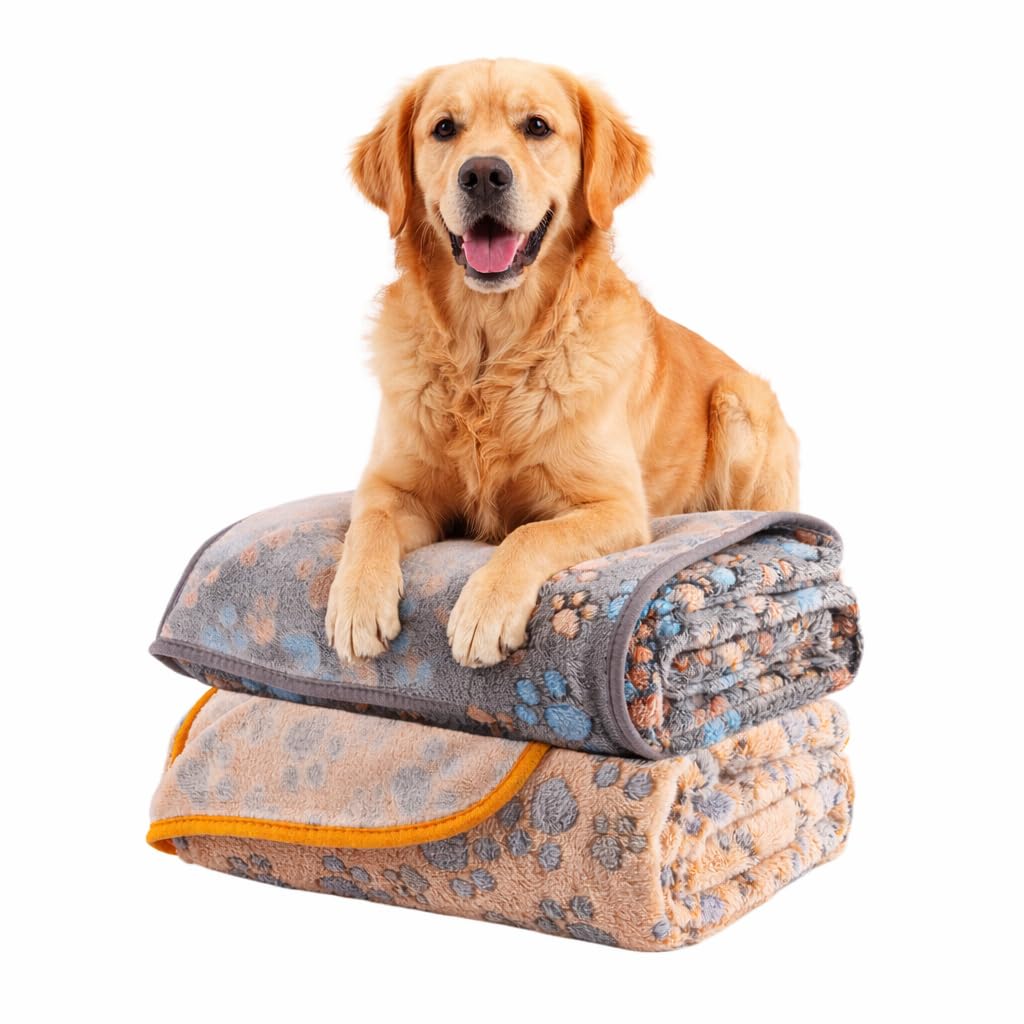 Dog Blanket 2 Pack Soft Flannel Pet Blanket for Dogs & Cats, Cozy Puppy Blanket for Couch Bed Crate, Washable Paw Print Throw 40 * 30 Inch Grey&Brown