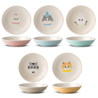 Ceramic Cat Bowls Set - 5.7 inch Wide Cat Food Bowls Whisker Fatigue Friendly, 5 Colorful Kitten Dish Plates with Cute Pattern for Wet and Dry Food Water
