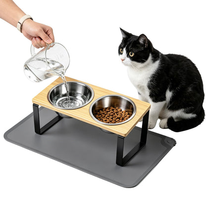 Elevated Tilted Cat Food Bowls with Mat, 304 Stainless Steel 2 Water Bowls