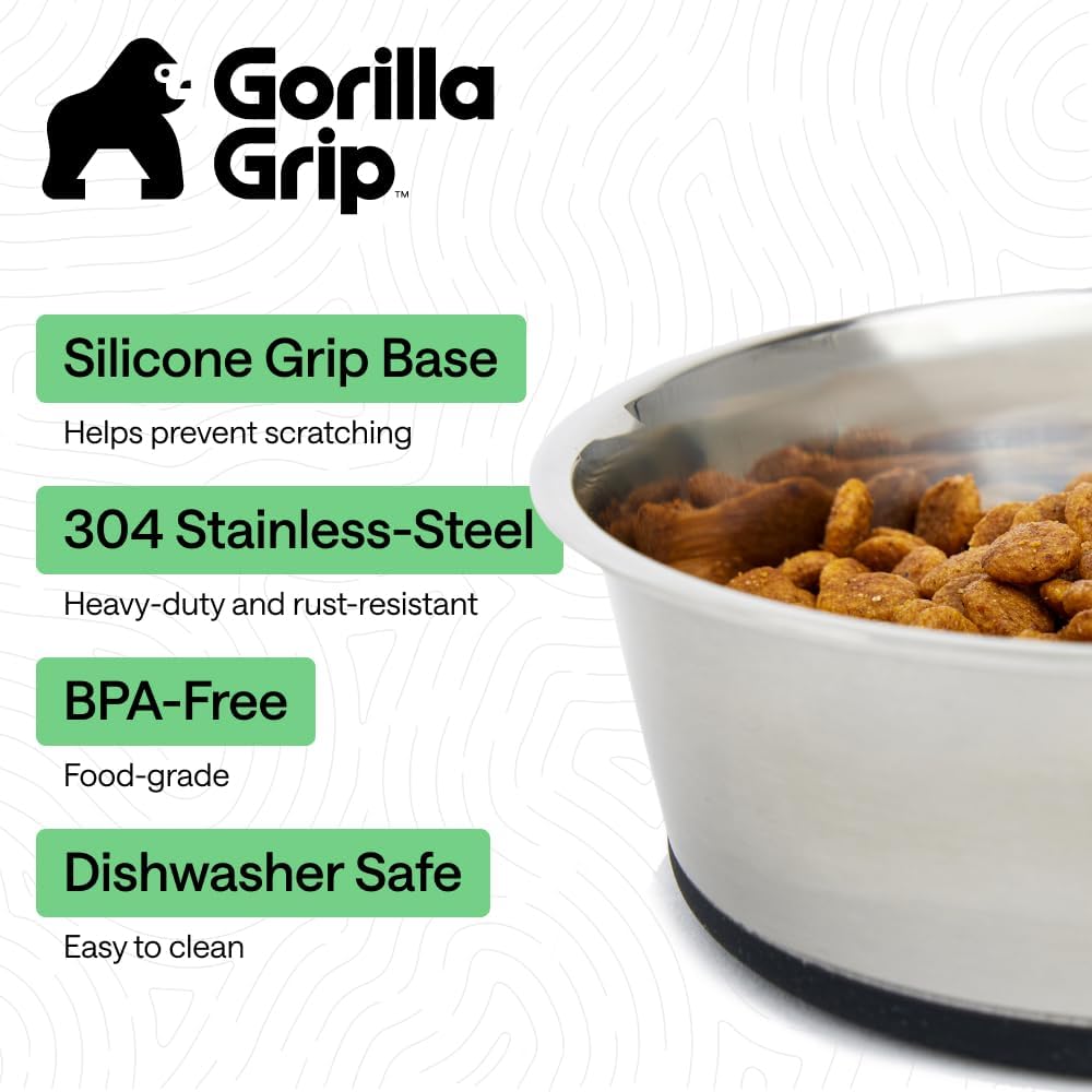 GORILLA GRIP Dog Bowls, Food Grade Stainless Steel, Set of 2, 4 Cup, Black