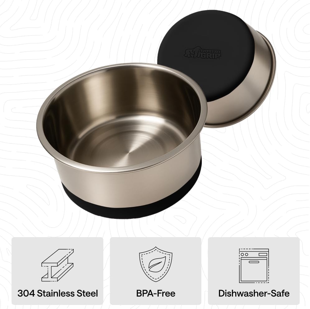 GORILLA GRIP Dog Bowls, Food Grade Stainless Steel, Set of 2, 4 Cup, Black