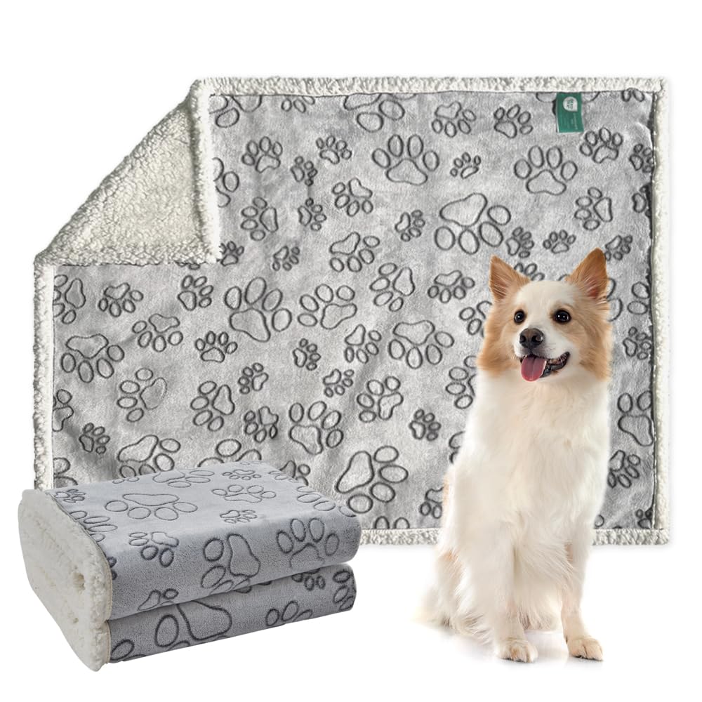 Qeils Dog & Cat Blankets - Waterproof Washable - Sherpa, Plus Plush Reversible, 25"X30", Grey Paw Print