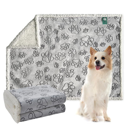 Qeils Dog & Cat Blankets - Waterproof Washable - Sherpa, Plus Plush Reversible, 25"X30", Grey Paw Print