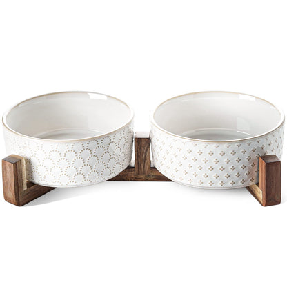 LE TAUCI Dog Bowl Set with Acacia Wood Stand - 1.8-Cup Ceramic Puppy Bowls for Small Dogs, Dual Food and Water Bowls with Weighted Non-Slip Base