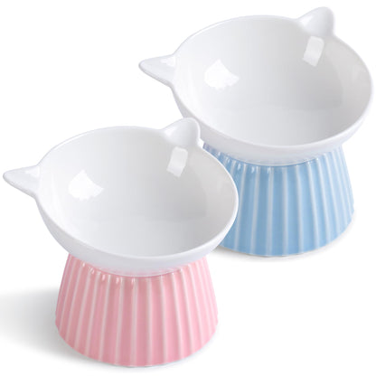 Ceramic Raised Cat Bowl，Tilted Raised Cat Bowl Anti Vomit Cat Bowls for Indoor Cats Whisker Friendly Pet Feeder for Cats Puppies, Microwave and Dishwasher Safe