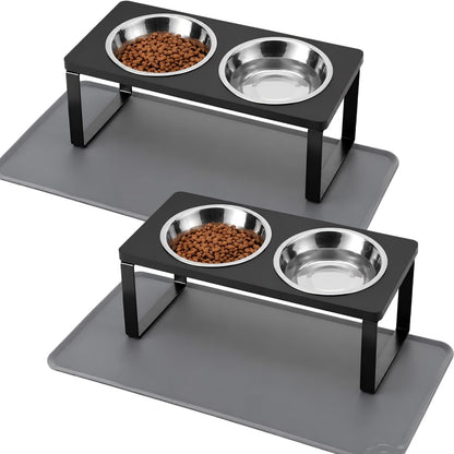 Upgraded Elevated Cat Bowls with Food Mat,15°Tilted Stand Anti Vomiting Raised Cat Dishes for Food and Water,2 Stainless Steel Bowls for Cats and Puppy