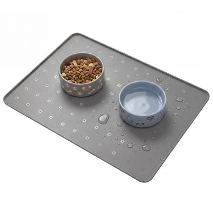Extra Large 34x22 Inch Machine Washable Silicone Pet Food Mat - Waterproof Dog & Cat Bowl Mat with Raised Edge, Non-Slip Floor Protector for Large Dogs, Multi-Pet Homes (Grey)