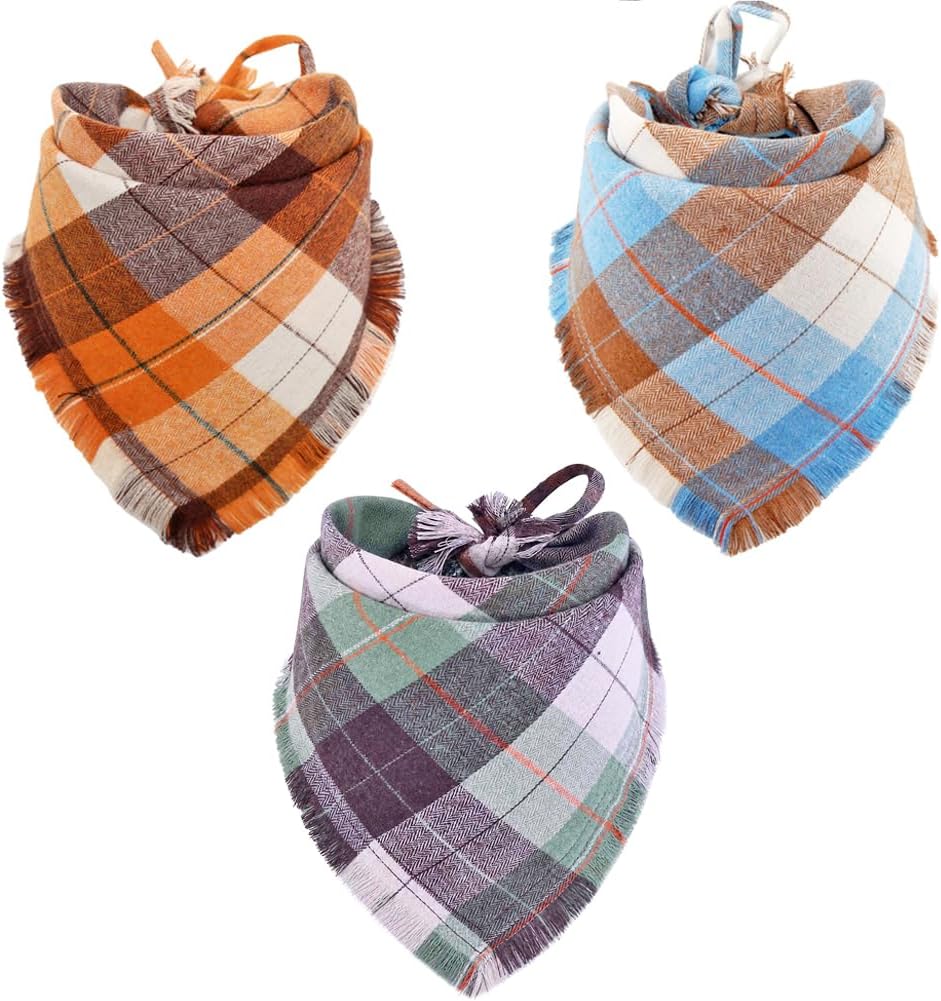 Fall Dog Bandana Autumn Thanksgiving Plaid Reversible Triangle Bibs Scarf Accessories for Dogs Pets