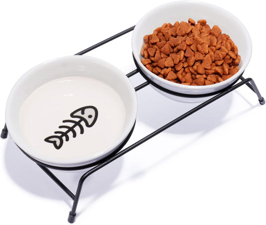 Anti-Vomiting Raised Cat Bowls - 2 × 13 oz Ceramic Cat Food & Water Bowls with Non-Slip Stainless Steel Stand, Dishwasher Safe for Indoor Cats