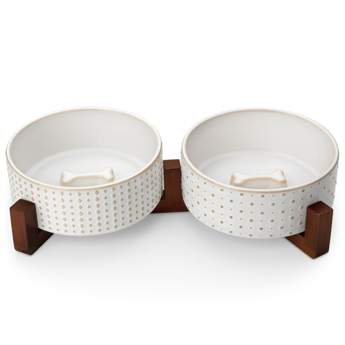 MALACASA Cat and Dog Bowl Set, Ceramic Bowls with Walnut Wood Stand, 2 Cups