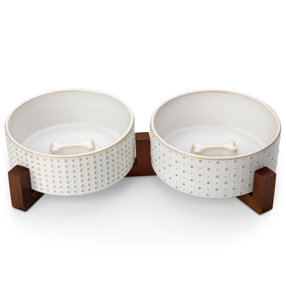 MALACASA Cat and Dog Bowl Set, Ceramic Bowls with Walnut Wood Stand, 2 Cups