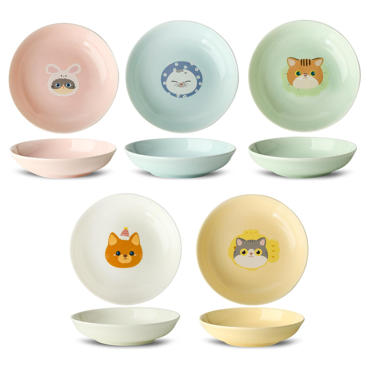 Ceramic Cat Bowls Set - 5.7 inch Wide Cat Food Bowls Whisker Fatigue Friendly, 5 Colorful Kitten Dish Plates with Cute Pattern for Wet and Dry Food Water