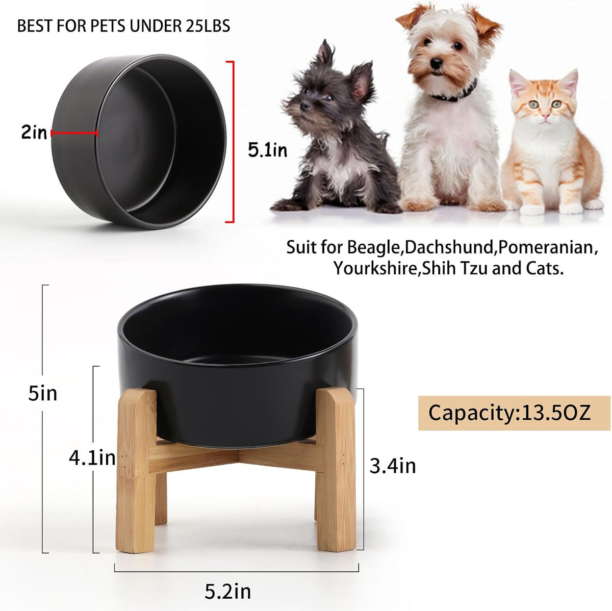 Petygooing Black Raised/Elevated 15°Slanted Ceramic Dog Bowl for Small Breeds,Tilted Anti Slip Pet Feeding Bowl,Food Water Dish with Stand for Cats and Small Dogs Puppy 13.5 OZ (5.1In /1.7 Cups)