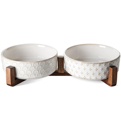LE TAUCI Dog Bowl Set with Acacia Wood Stand - 1.8-Cup Ceramic Puppy Bowls for Small Dogs, Dual Food and Water Bowls with Weighted Non-Slip Base