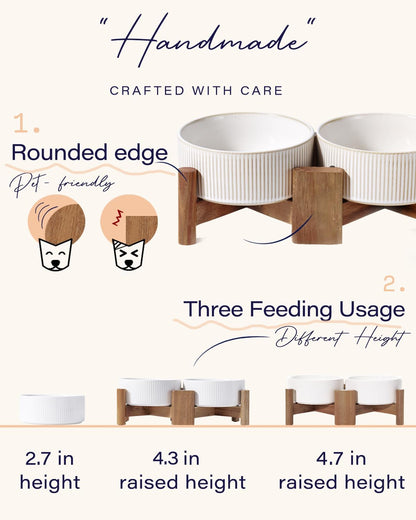 Getstar Ceramic Dog Bowls Set with Acacia Wood Stand, 3.5 Cups Pet Bowls Set of 2 for Medium Dogs, Cute Dog Raised Food Bowl, Cat Bowls
