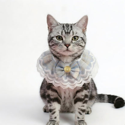 Handmade Cat Bandana with Bowtie - Khaki Plaid Boho Pet Collar Scarf for Birthday, Party, Photoshoot - Adjustable Bib Outfit for Small Dogs, Puppies, Cats, Kittens, and Rabbits