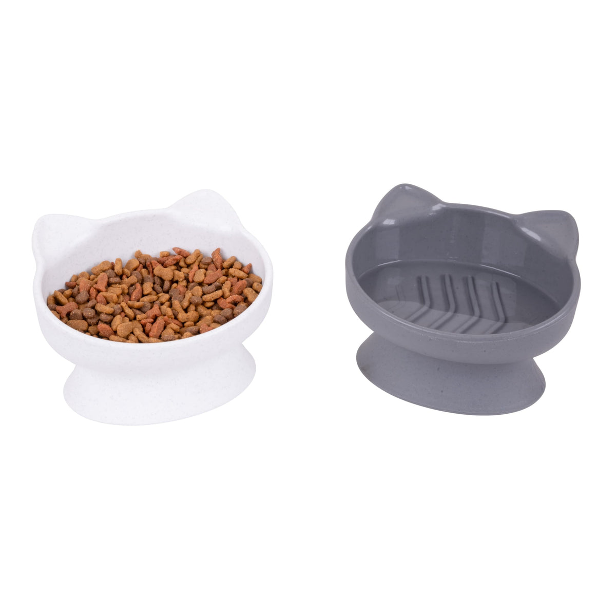 Kitty City Elevated Cat Bowls (Set of 2), Whisker-Friendly Raised Cat Food & Water Dishes, Modern Pedestal Design, Dishwasher Safe, 6.5 oz Each – White & Gray