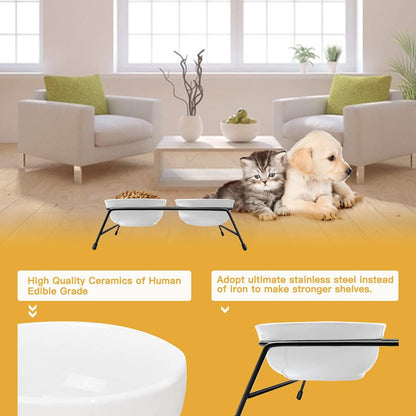 Anti-Vomiting Raised Cat Bowls - 2 × 13 oz Ceramic Cat Food & Water Bowls with Non-Slip Stainless Steel Stand, Dishwasher Safe for Indoor Cats