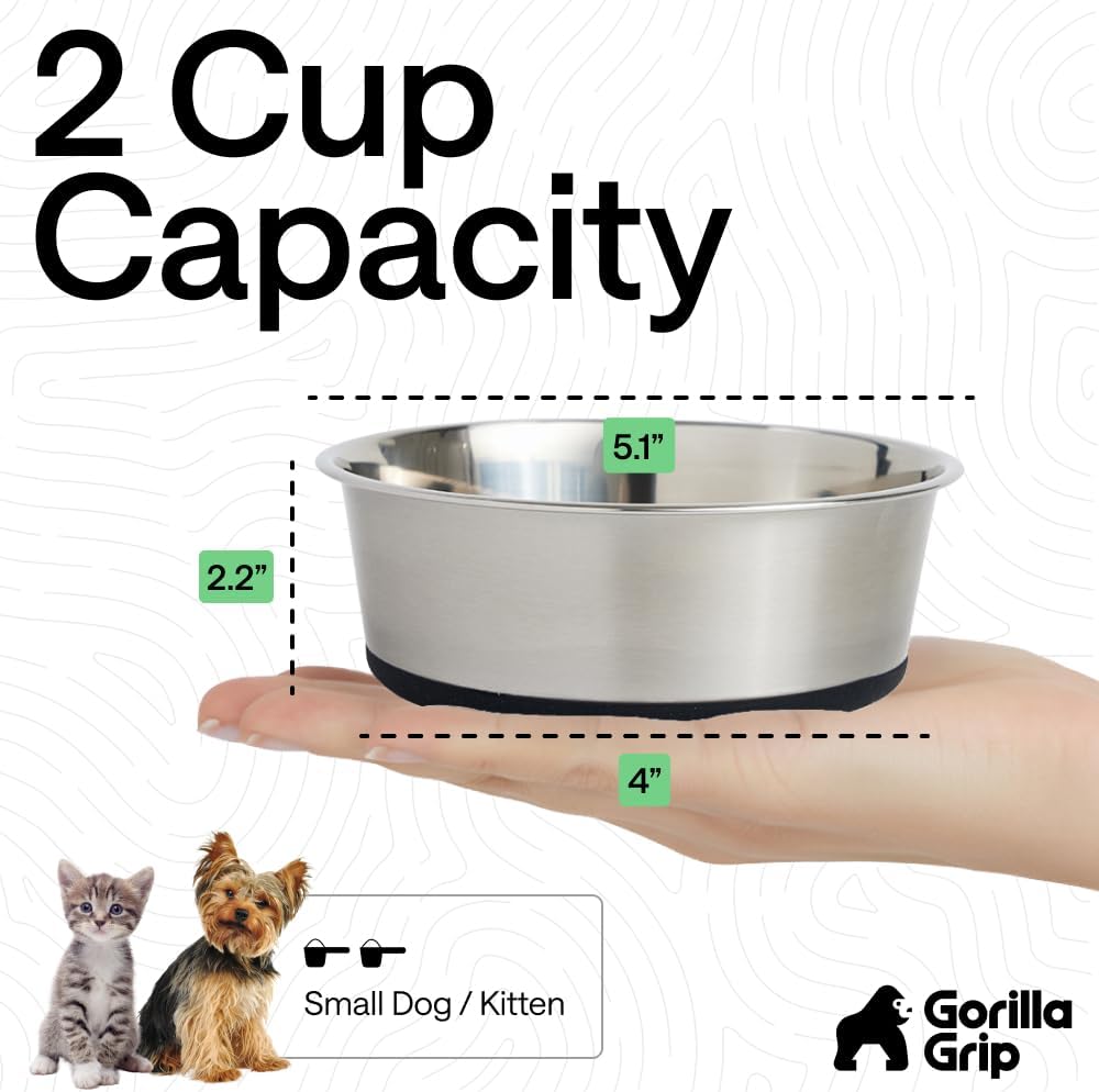 GORILLA GRIP Dog Bowls, Food Grade Stainless Steel, Set of 2, 2 Cup, Black