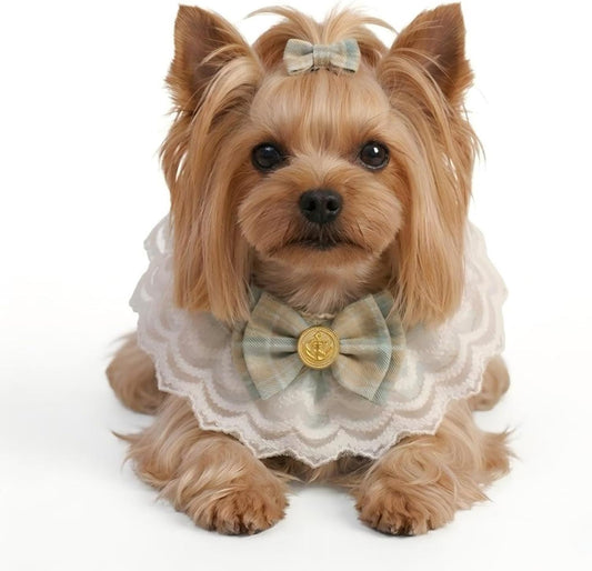 Handmade Cat Bandana with Bowtie - Khaki Plaid Boho Pet Collar Scarf for Birthday, Party, Photoshoot - Adjustable Bib Outfit for Small Dogs, Puppies, Cats, Kittens, and Rabbits