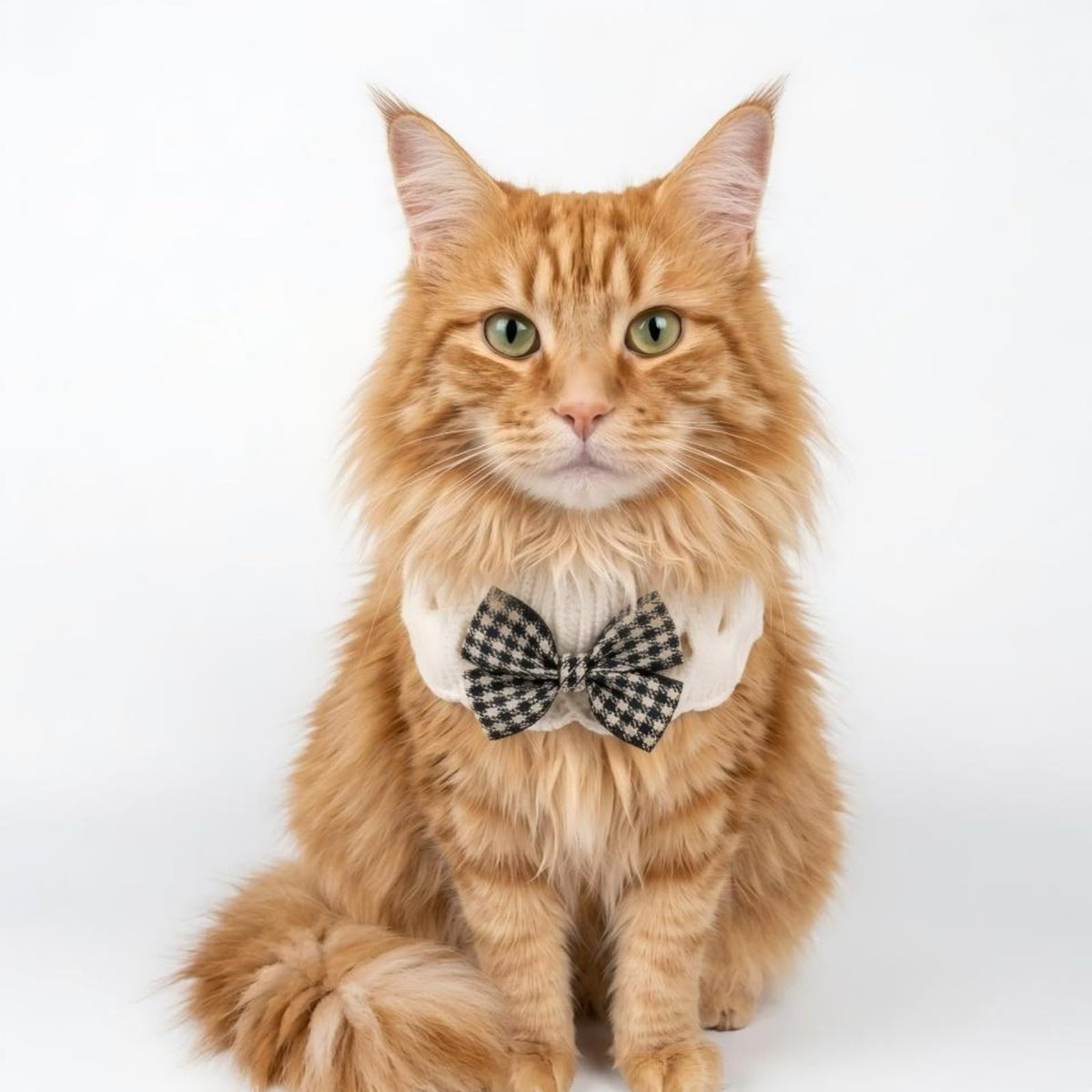 Handmade Cat Bandana with Bowtie - Khaki Plaid Boho Pet Collar Scarf for Birthday, Party, Photoshoot - Adjustable Bib Outfit for Small Dogs, Puppies, Cats, Kittens, and Rabbits