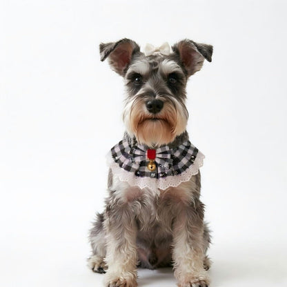 Handmade Cat Bandana with Bowtie - Khaki Plaid Boho Pet Collar Scarf for Birthday, Party, Photoshoot - Adjustable Bib Outfit for Small Dogs, Puppies, Cats, Kittens, and Rabbits