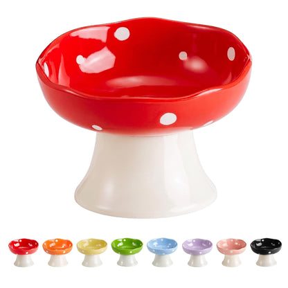 Red Mushroom Cat Bowl, Elevated Ceramic Bowl for Cats