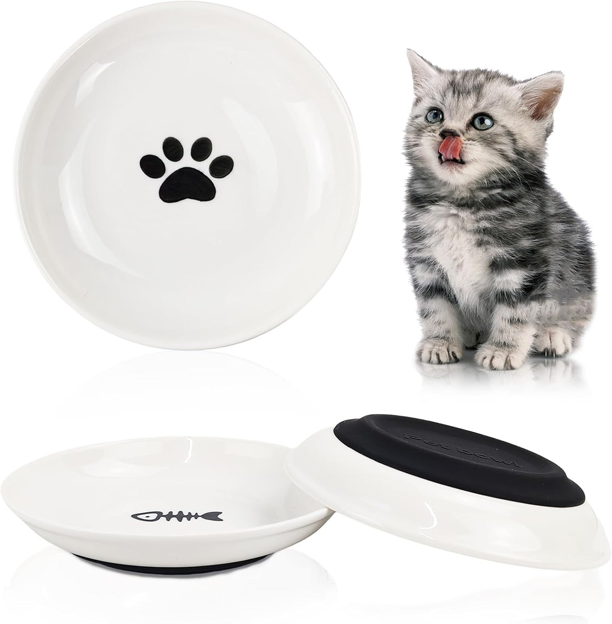 Ceramic Cat Food Bowls, 3-Pack Wide Shallow, Non-Slip Whisker Friendly