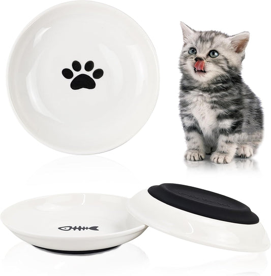 Ceramic Cat Food Bowls, 3-Pack Wide Shallow, Non-Slip Whisker Friendly
