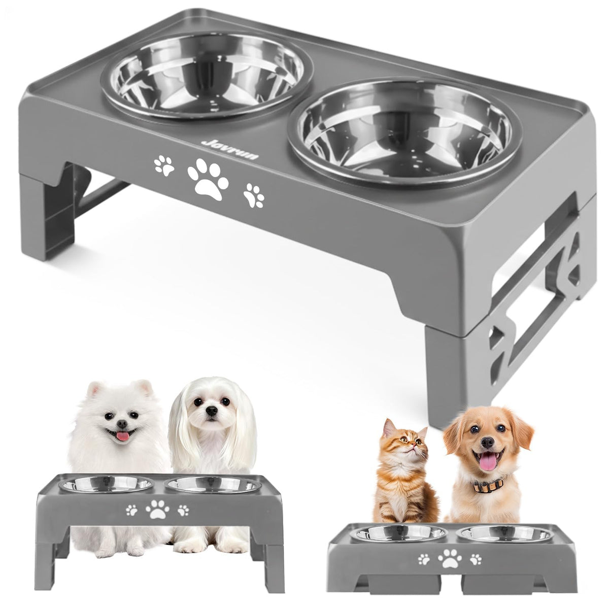 Jovrun Elevated Dog Bowls for Small Dogs and Cats, Non-Slip Cat Bowls with 2 Thick 5.5" Stainless Steel Dishes, Dog Feeder 2 Heights Adjustable to 2.6"-5.3"