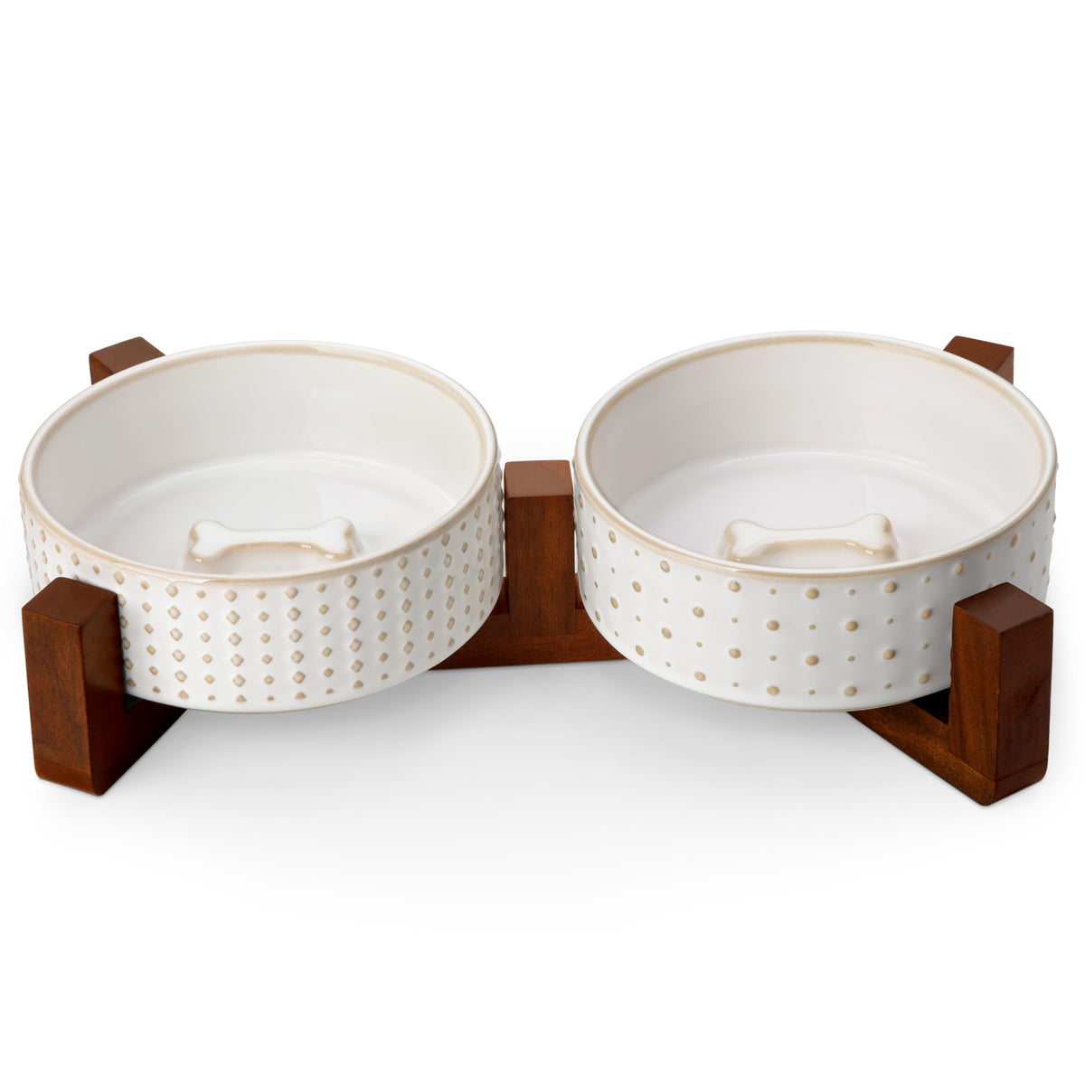 MALACASA Cat and Dog Bowl Set, Ceramic Bowls with Walnut Wood Stand, 2 Cups