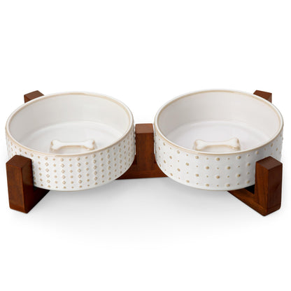 MALACASA Cat and Dog Bowl Set, Ceramic Bowls with Walnut Wood Stand, 2 Cups