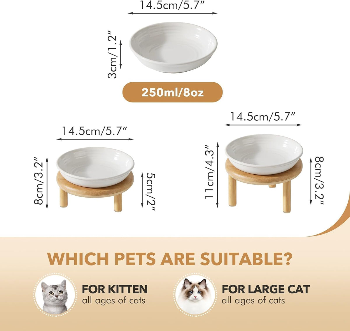 Havniva Elevated Cat Bowls, Ceramic Cat Bowl with Bamboo Stand Wide Opening
