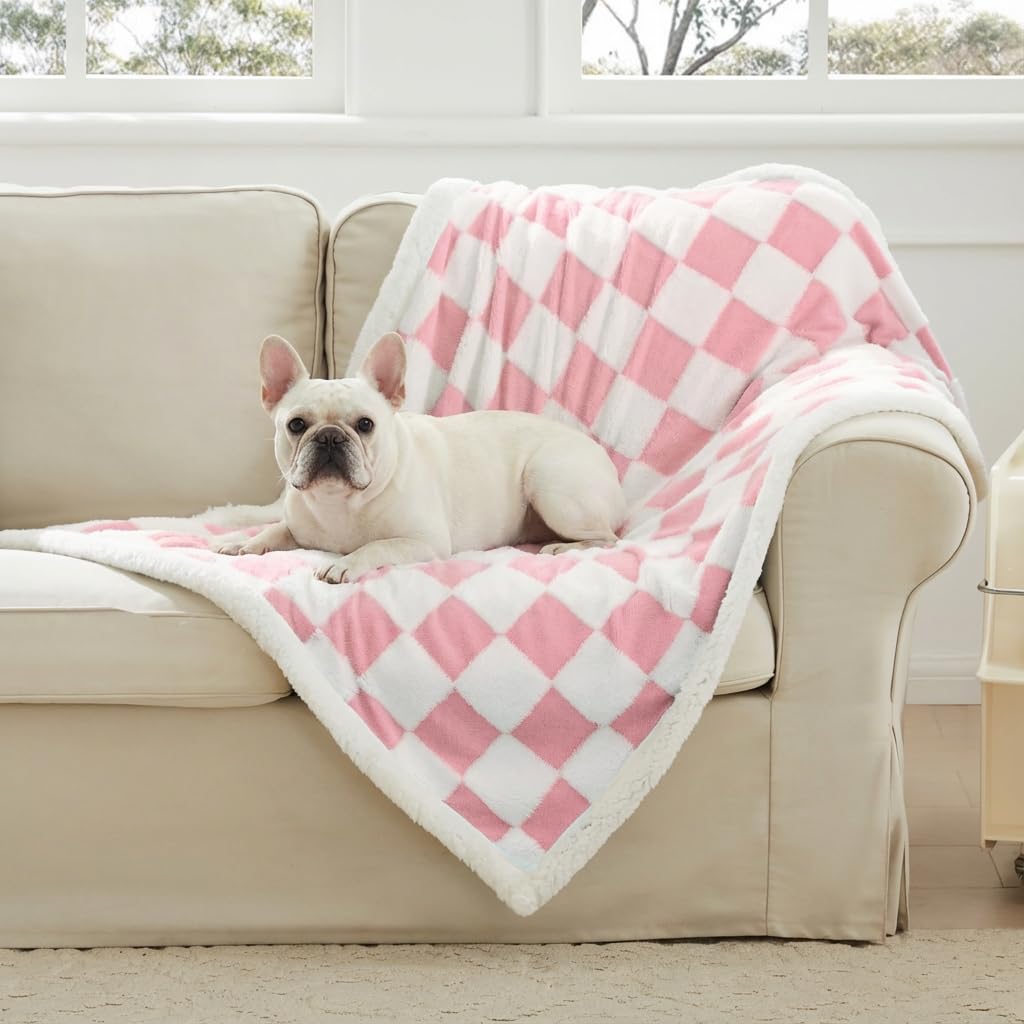 Ohocut Checkered Dog Blanket, Sage Green Jacquard Sherpa Blankets for Small Dog and Cats, Cute Aesthetic Style Fluffy Fleece Pets Blanket for Couch Protection Washable, 25"x35"