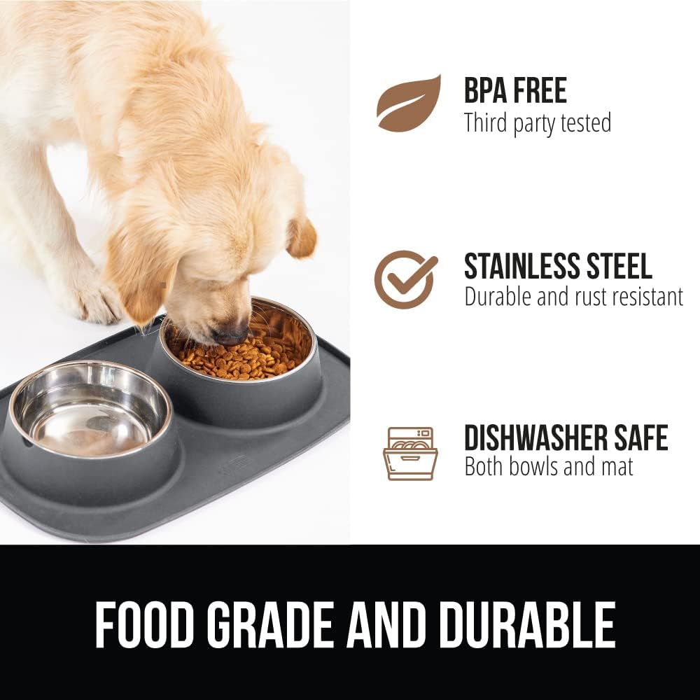 GORILLA GRIP Dog Bowl Set with Feeding Mat, 304 Stainless Steel, 2 Cup Gray