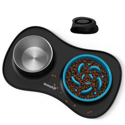 MateeyLife Dog Food and Water Bowl Set 3 in 1, Slow Feeder Dog Bowls & Stainless Steel Water Bowl with Non-Spill Silicone Mat, Cat and Puppy Bowls Pet Dishes for Small Medium Large Breed Anti-Choking
